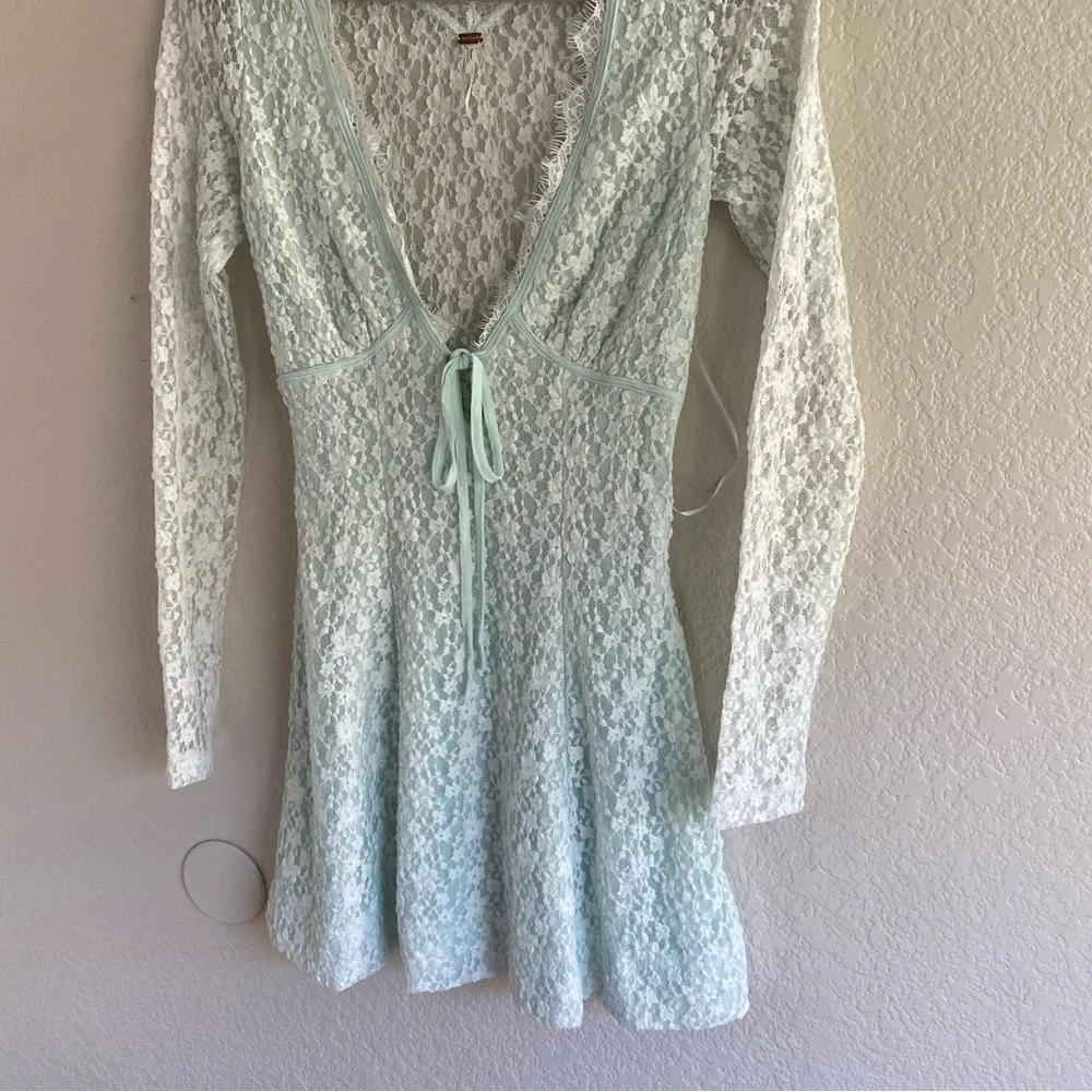 NEW Free People Petra Lace Long Sleeve Mini Dress Billowing Sail Mint